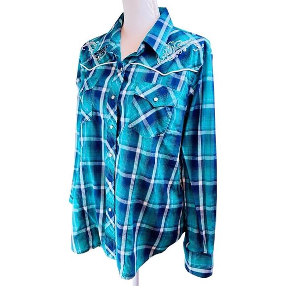 CUMBERLAND Green Blue Country Western Shirt 1X‎ Pearl Snap Long Sleeve Riding - Picture 3 of 14